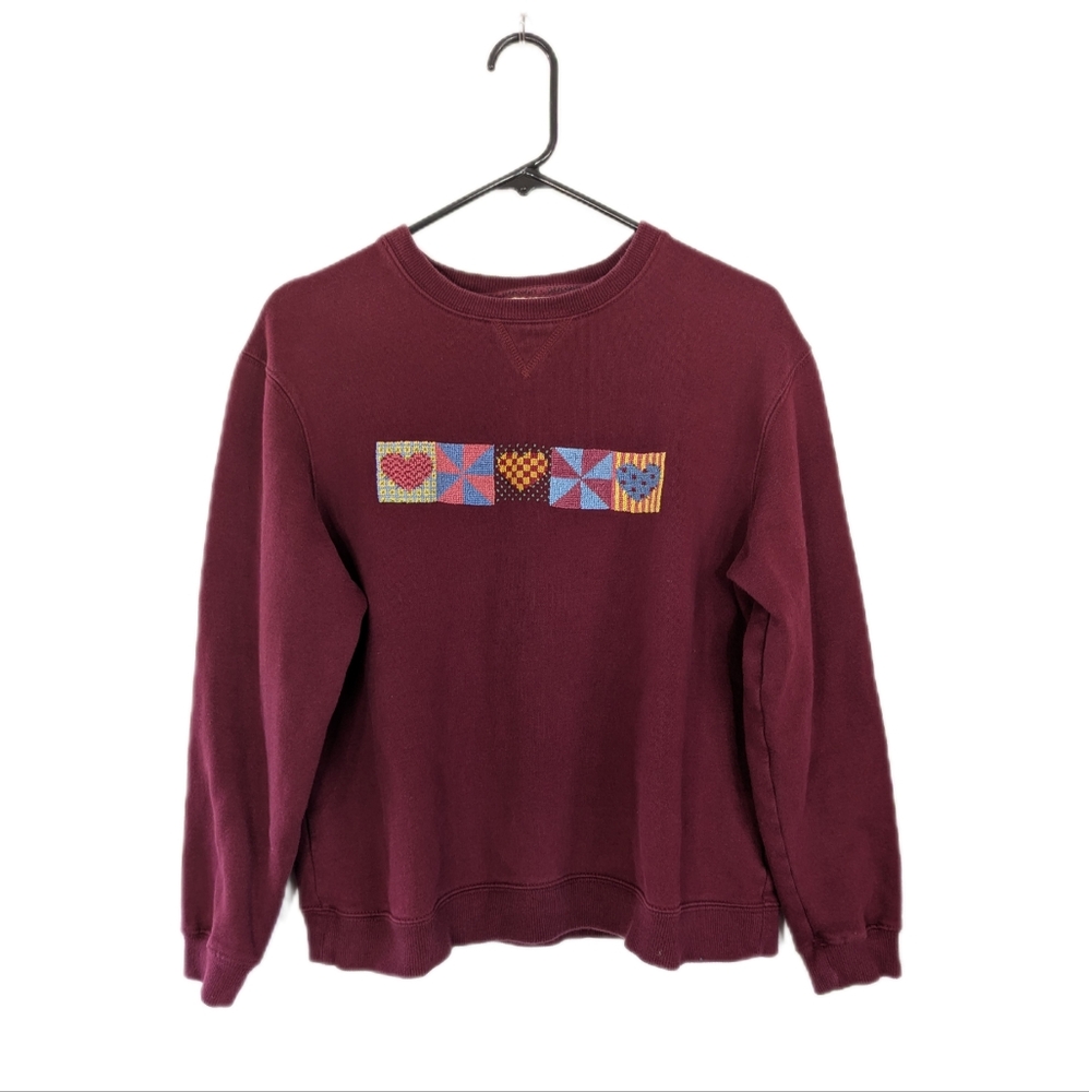 Unique St. John's Bay Burgundy Sweatshirt with Colorful Patchwork